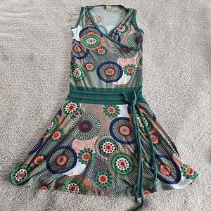 Kathmandu Imports Sleeveless V-neck Waist Tie Circular Floral Design Boho Dress